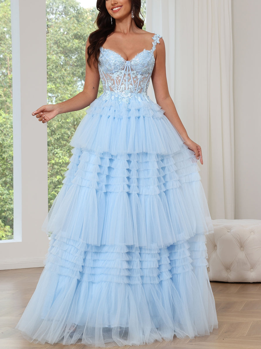 A-Line/Princess Sweetheart Tulle Prom Dresses Lace Floor-Length Spaghe -  Mondressy