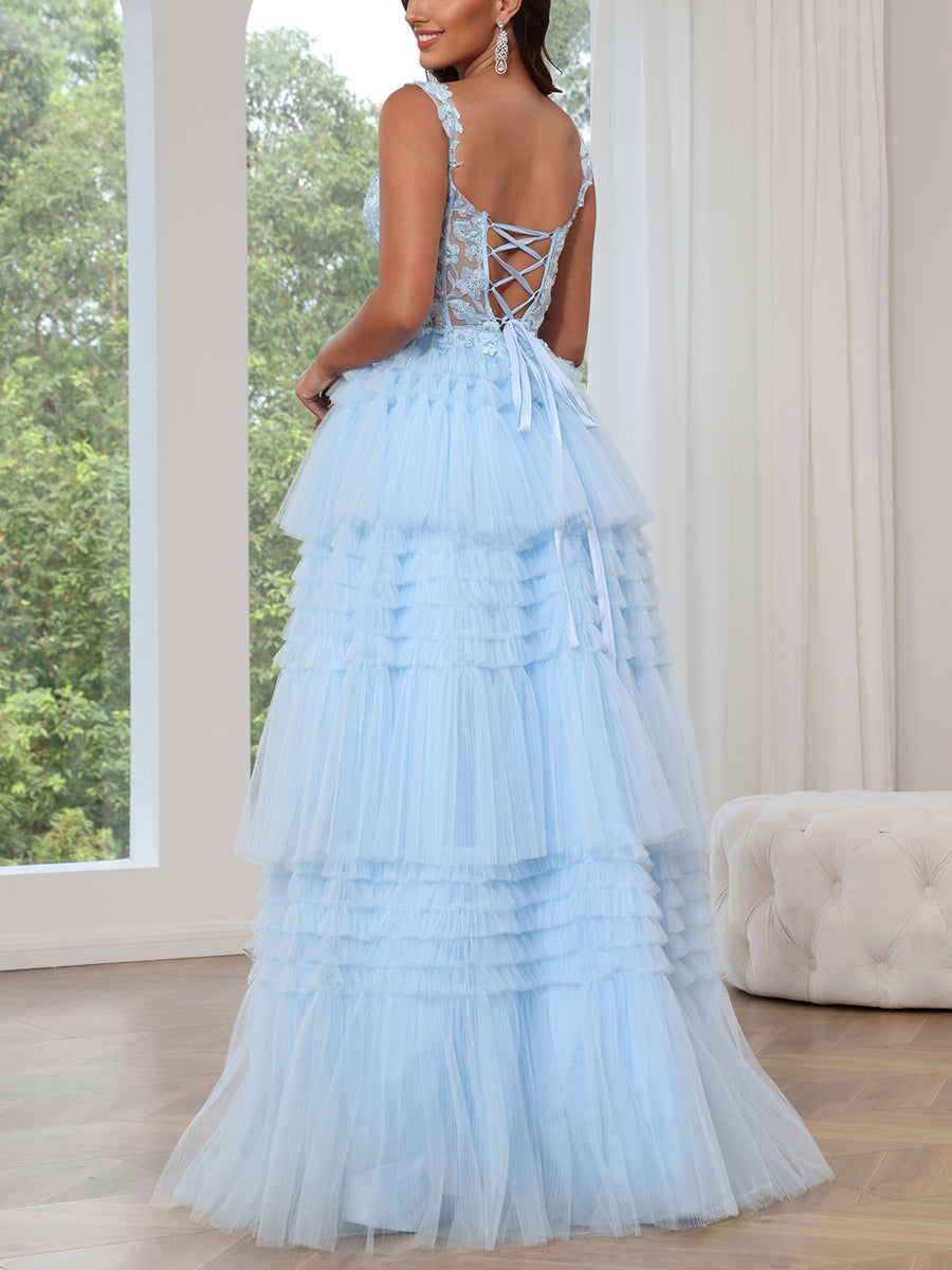 A-Line/Princess Sweetheart Tulle Prom Dresses Lace Floor-Length Spaghetti Straps Formal Dresses