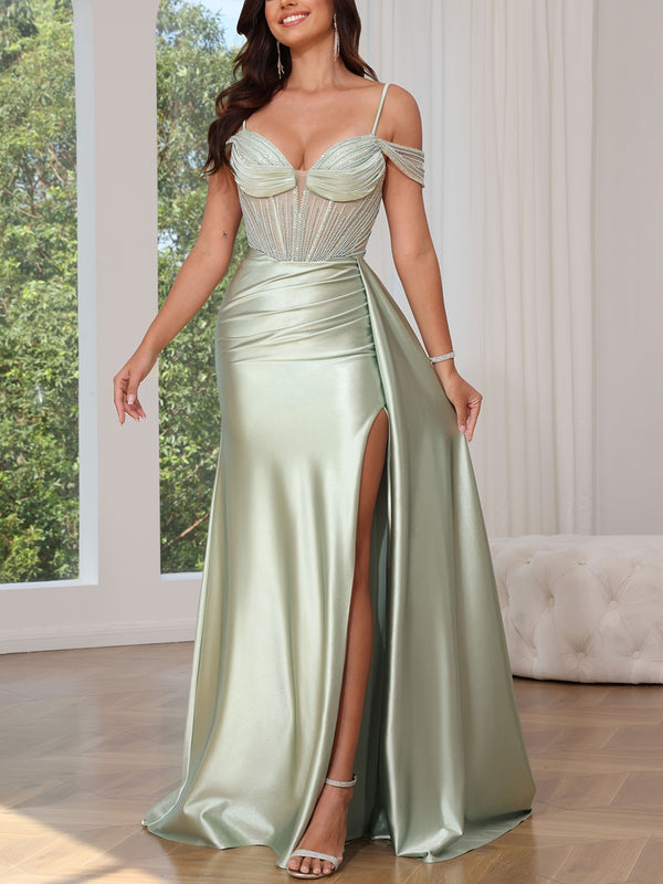 Trumpet/Mermaid Spaghetti Straps Silk Satin Prom Dresses Split Side Floor-Length Sleeveless Beading Sweetheart Formal Dresses