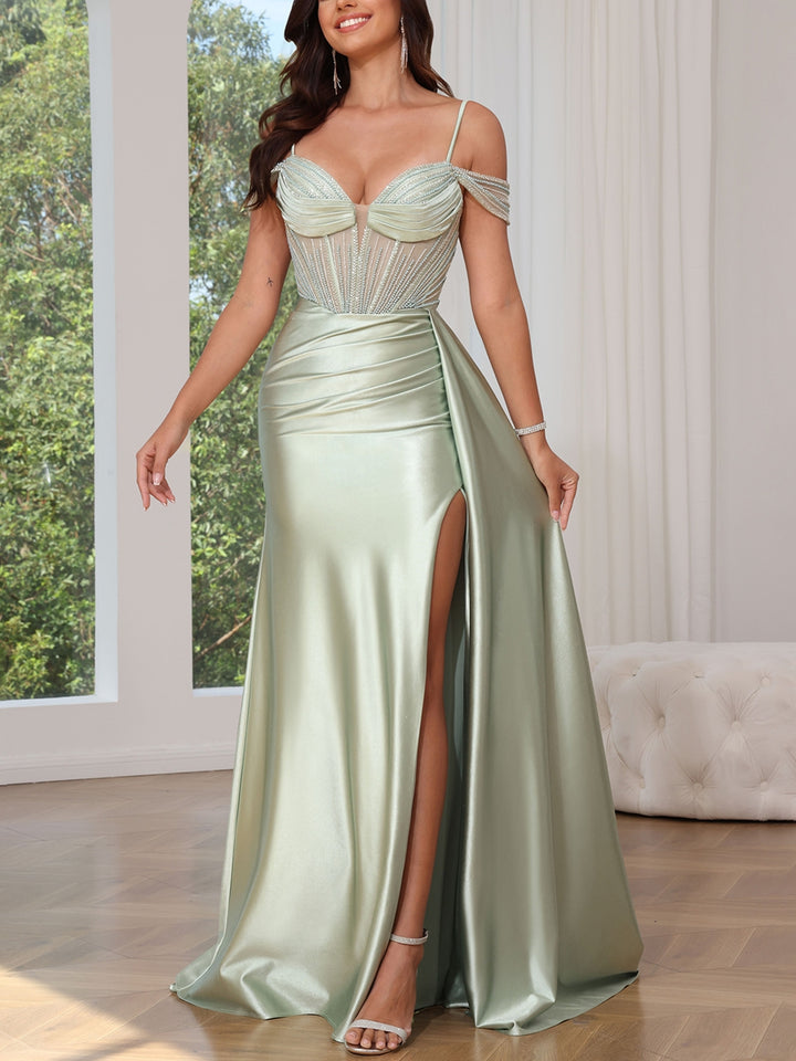 Trumpet/Mermaid Spaghetti Straps Silk Satin Prom Dresses Split Side Floor-Length Sleeveless Beading Sweetheart Formal Dresses