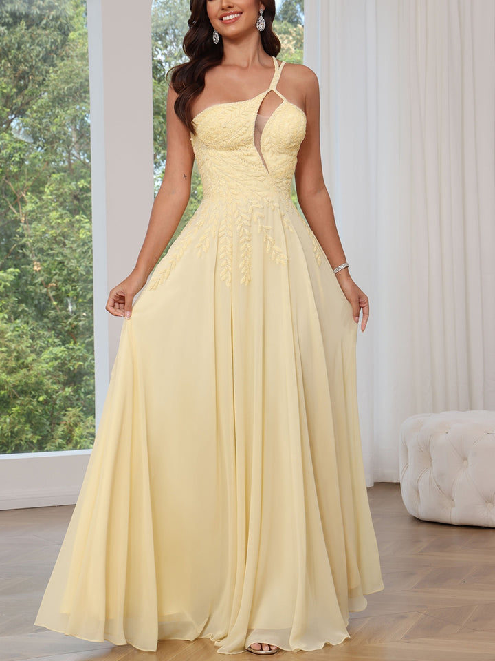 A-Line/Princess One-Shoulder Chiffon Prom Dresses Lace Beading Floor-Length Sleeveless Sweep Formal Dresses