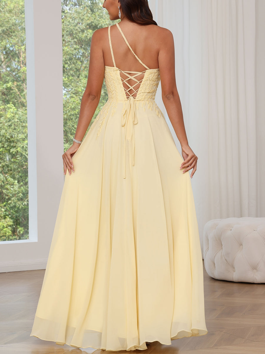 A-Line/Princess One-Shoulder Chiffon Prom Dresses Lace Beading Floor-Length Sleeveless Sweep Formal Dresses