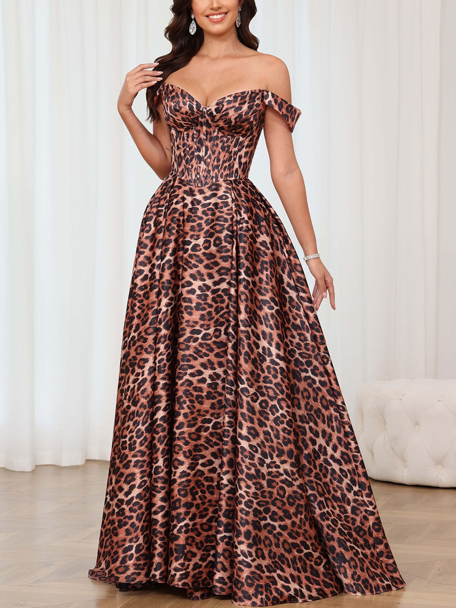 A-Line/Princess Off-the-Shoulder Satin Prom Dresses Leopard Print Sleeveless Split Side Floor-Length  Formal Dresses