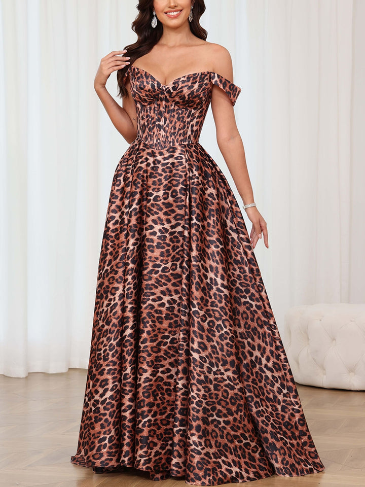 A-Line/Princess Off-the-Shoulder Satin Prom Dresses Leopard Print Sleeveless Split Side Floor-Length  Formal Dresses