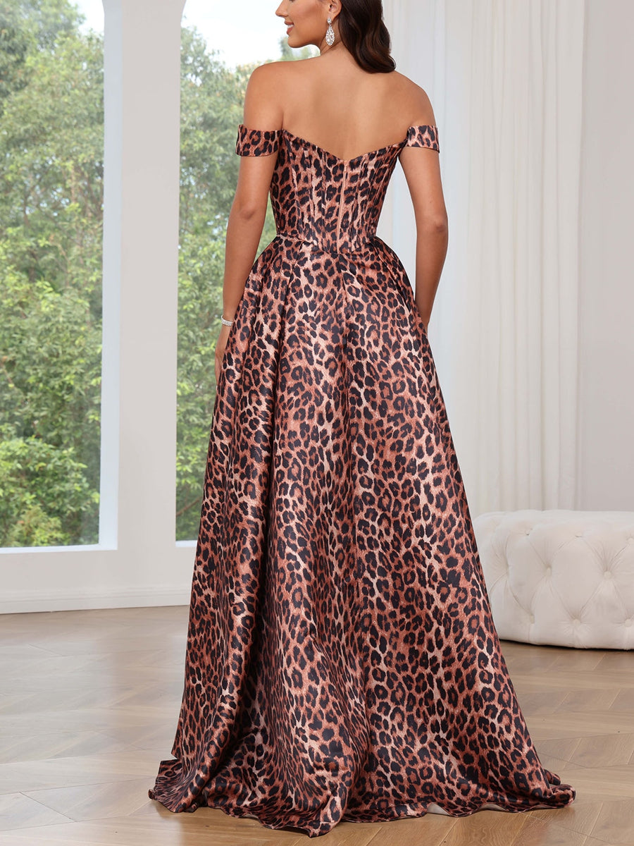 A-Line/Princess Off-the-Shoulder Satin Prom Dresses Leopard Print Sleeveless Split Side Floor-Length  Formal Dresses