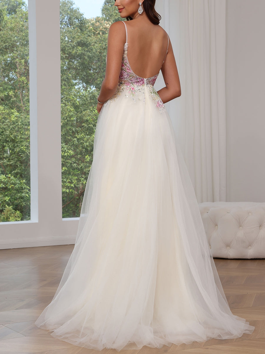 A-Line/Princess Spaghetti Straps Tulle Prom Dresses Sequins Lace Sleeveless Floor-Length Floral Formal Dresses