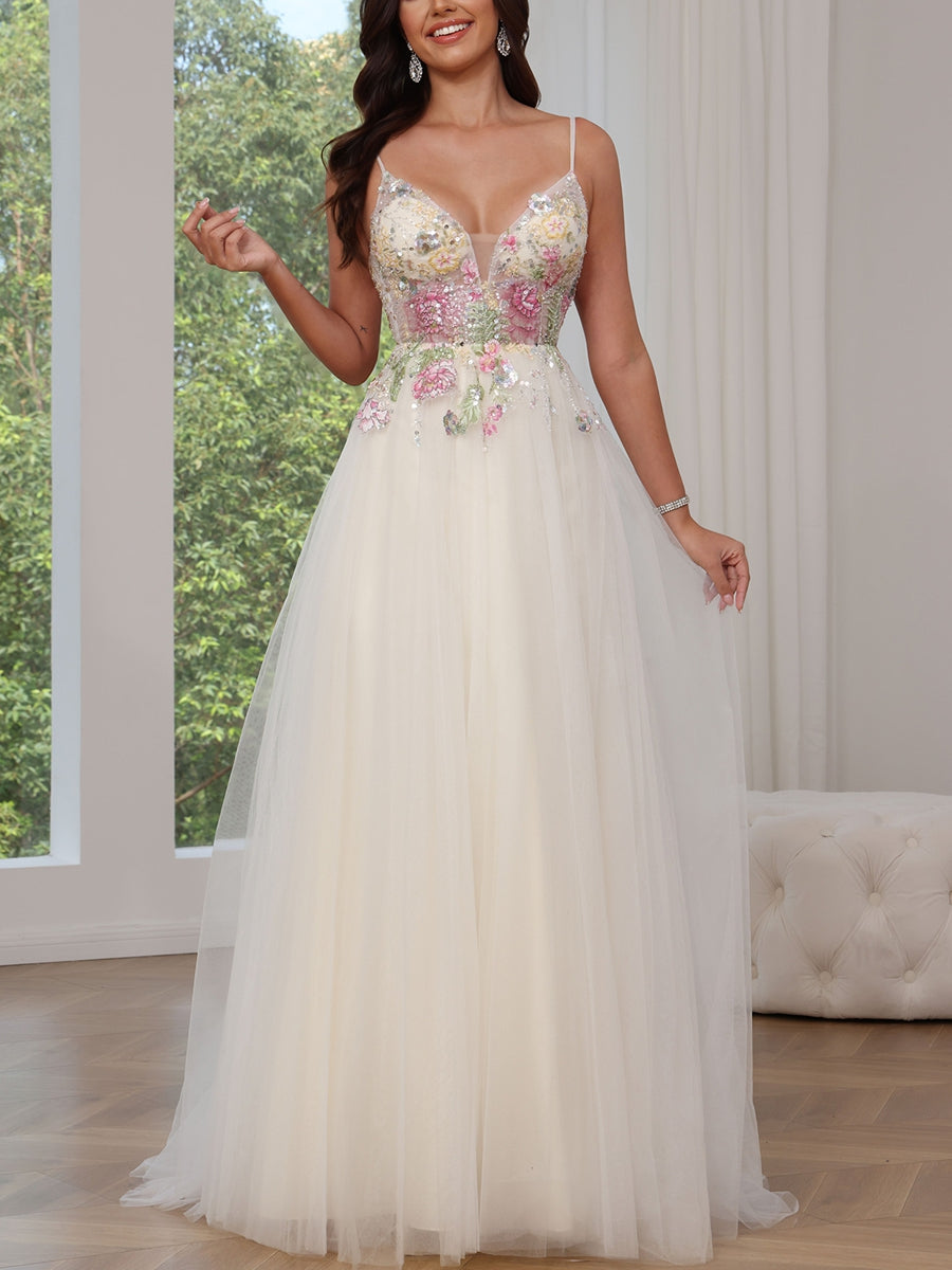 A-Line/Princess Spaghetti Straps Tulle Prom Dresses Sequins Lace Sleeveless Floor-Length Floral Formal Dresses