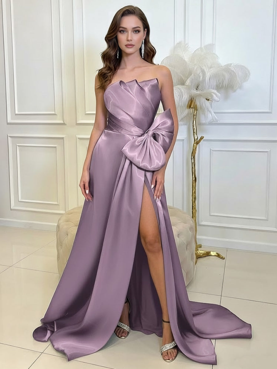 A-Line/Princess Strapless Liquid Satin Prom Dresses With Split Front Sleeveless Sweep Train Floor-Length Bow Formal Dresses
