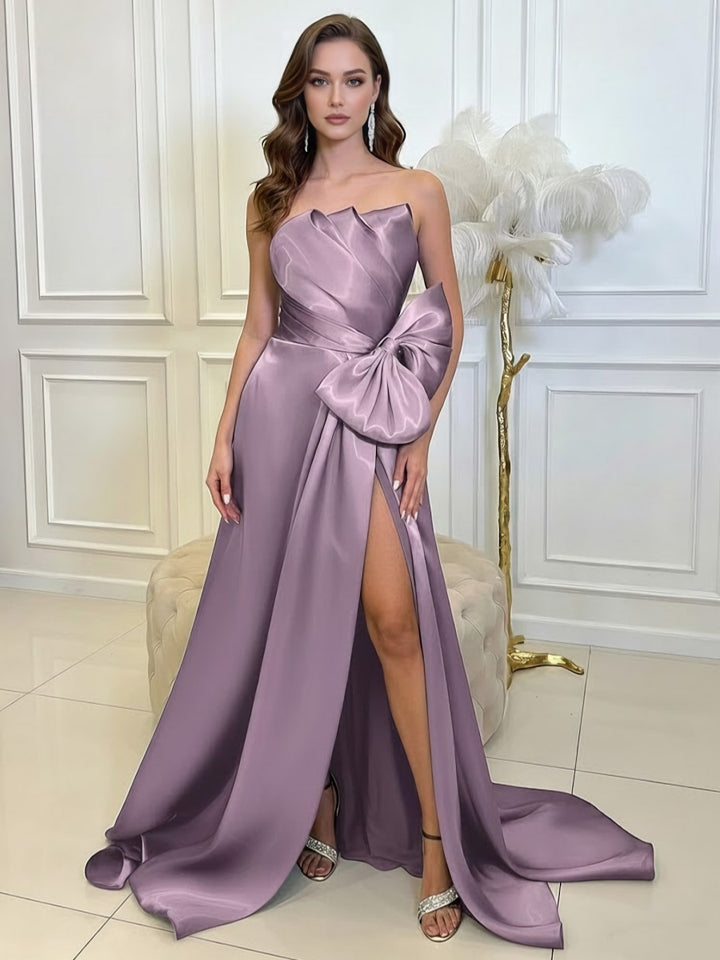 A-Line/Princess Strapless Liquid Satin Prom Dresses With Split Front Sleeveless Sweep Train Floor-Length Bow Formal Dresses
