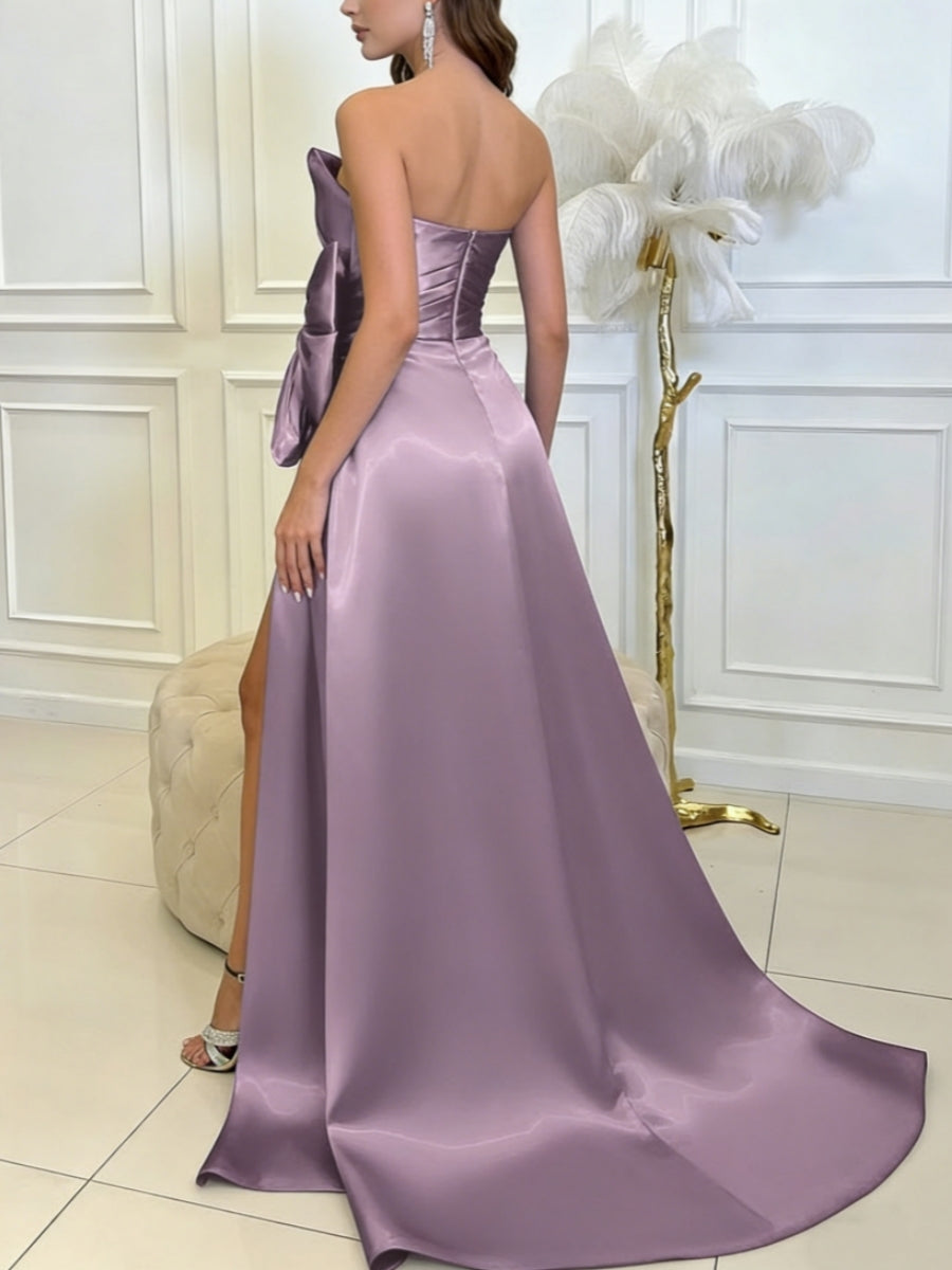 A-Line/Princess Strapless Liquid Satin Prom Dresses With Split Front Sleeveless Sweep Train Floor-Length Bow Formal Dresses, Lilac