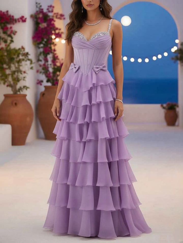 A-Line/Princess Spaghetti Straps Chiffon Prom Dresses Sequins Sleeveless Floor-Length Formal Dresses