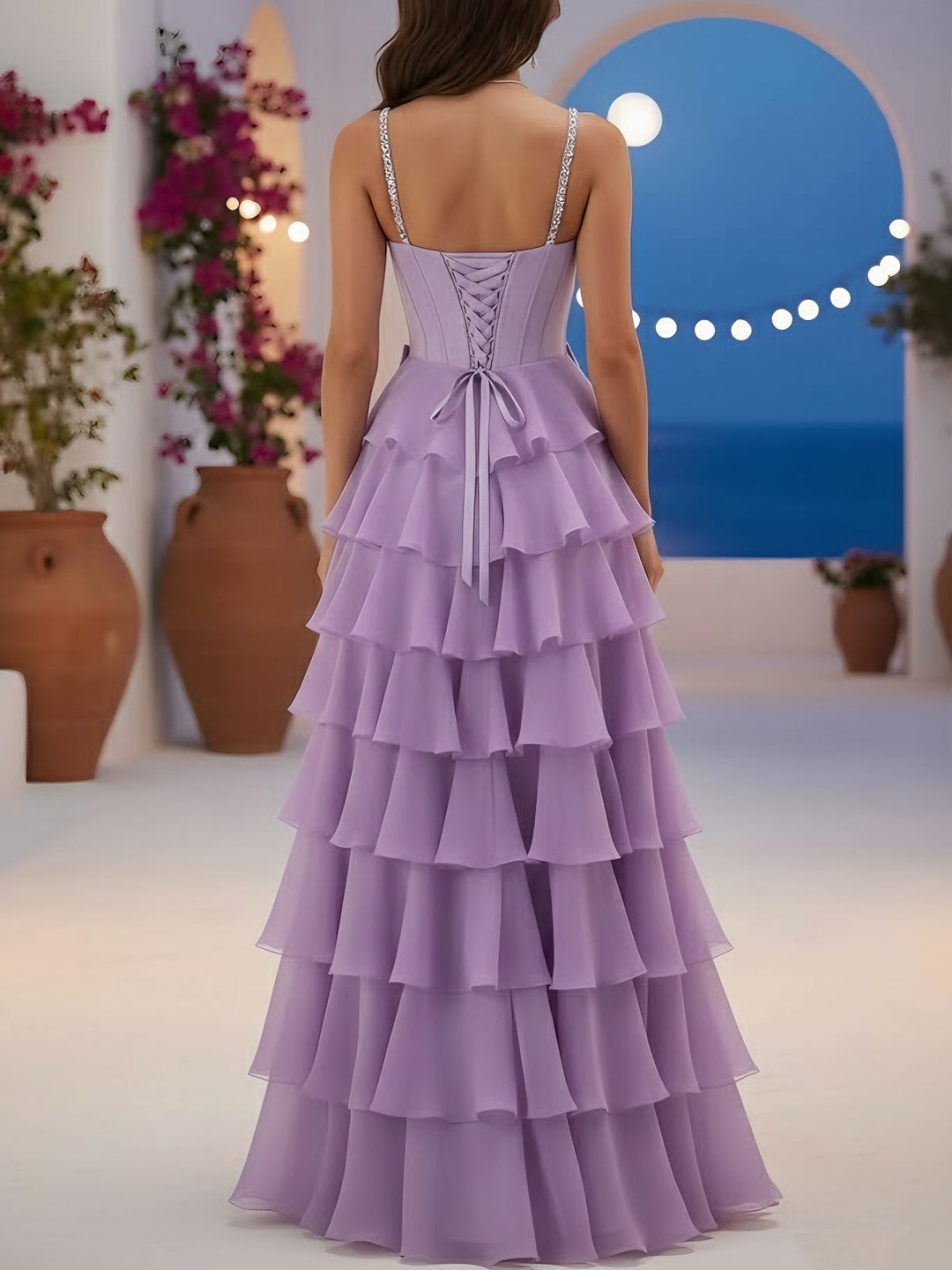 A-Line/Princess Spaghetti Straps Chiffon Prom Dresses Sequins Sleeveless Floor-Length Formal Dresses