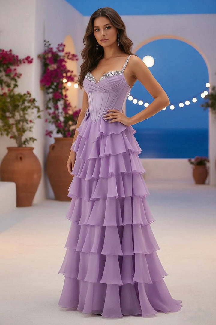 A-Line/Princess Spaghetti Straps Chiffon Prom Dresses Sequins Sleeveless Floor-Length Formal Dresses