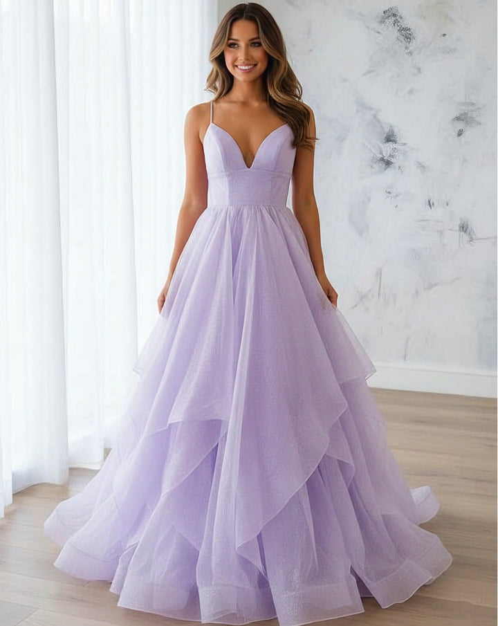 A-Line/Princess Spaghetti Straps Tulle Prom Dresses Sleeveless Floor-Length Sparkling Formal Dresses