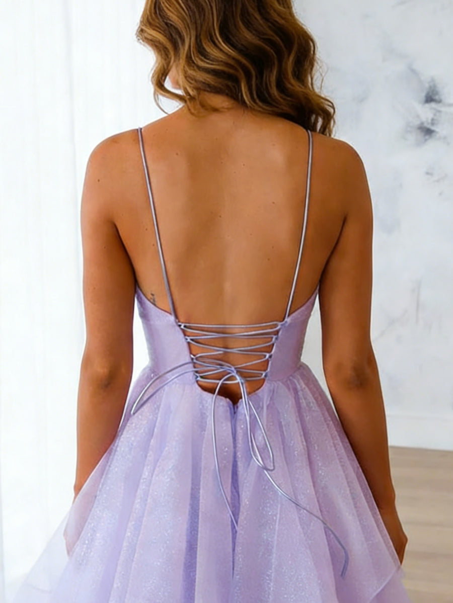 A-Line/Princess Spaghetti Straps Tulle Prom Dresses Sleeveless Floor-Length Sparkling Formal Dresses