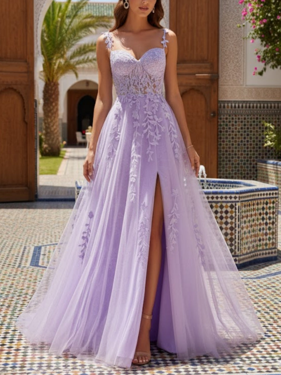 A-Line/Princess Spaghetti Straps Tulle Prom Dresses with Split Side Lace Sleeveless Floor-Length Formal Dresses, Lilac