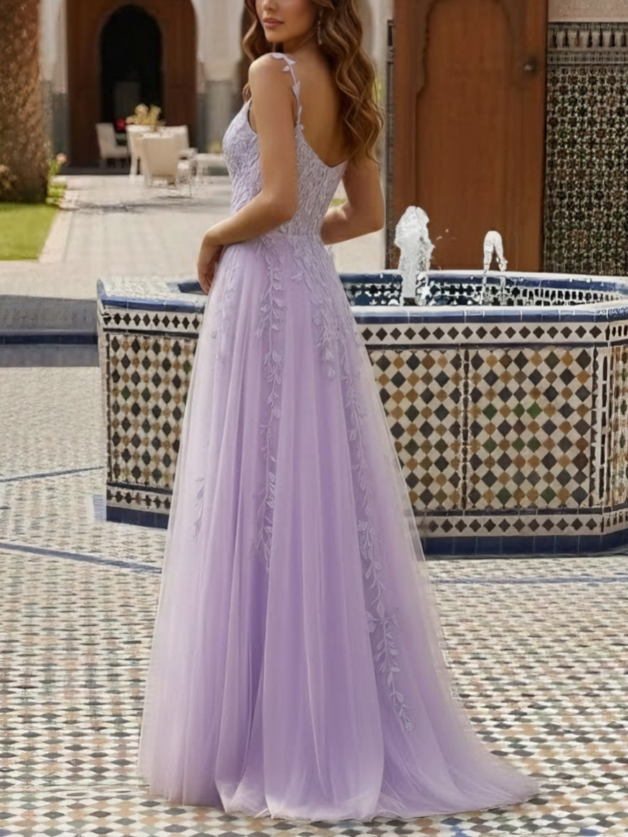 A-Line/Princess Spaghetti Straps Tulle Prom Dresses with Split Side Lace Sleeveless Floor-Length Formal Dresses