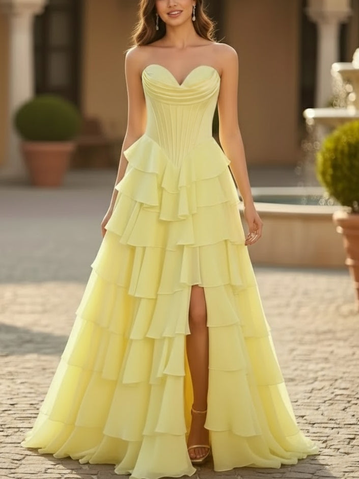 A-Line/Princess Sweetheart Strapless Chiffon Prom Dresses with Split Side Sleeveless Floor-Length Ruffles Formal Dresses