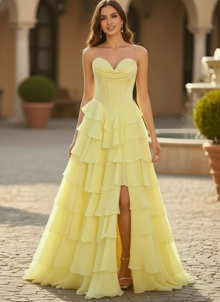 A-Line/Princess Sweetheart Strapless Chiffon Prom Dresses with Split Side Sleeveless Floor-Length Ruffles Formal Dresses