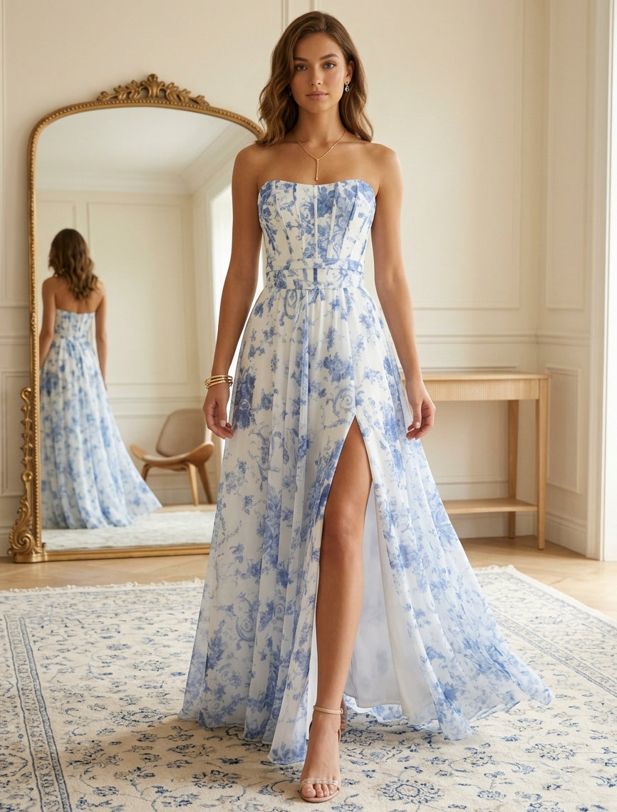 A-Line/Princess Strapless Floral Chiffon Prom Dresses with Split Side Floor-Length Sleeveless, As Pic