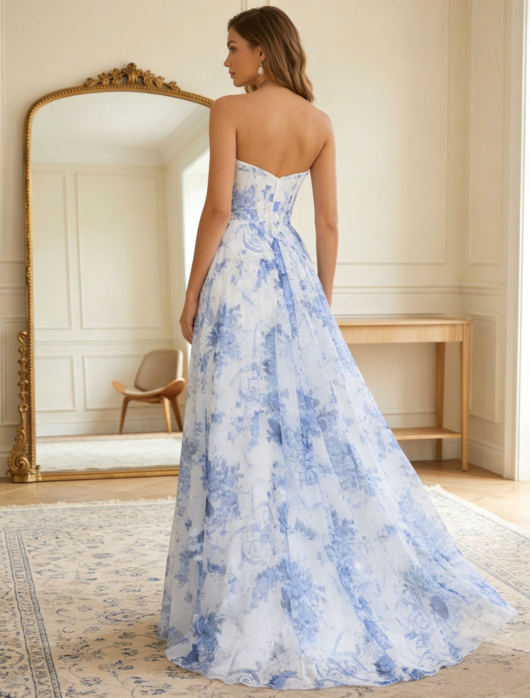 A-Line/Princess Strapless Floral Chiffon Prom Dresses with Split Side Floor-Length Sleeveless