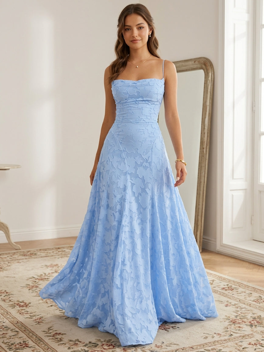 A-Line/Princess Spaghetti Straps Lace Floral Prom Dresses Floor-Length Sleeveless Formal Dresses
