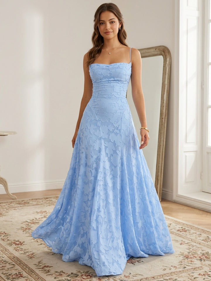 A-Line/Princess Spaghetti Straps Lace Floral Prom Dresses Floor-Length Sleeveless Formal Dresses