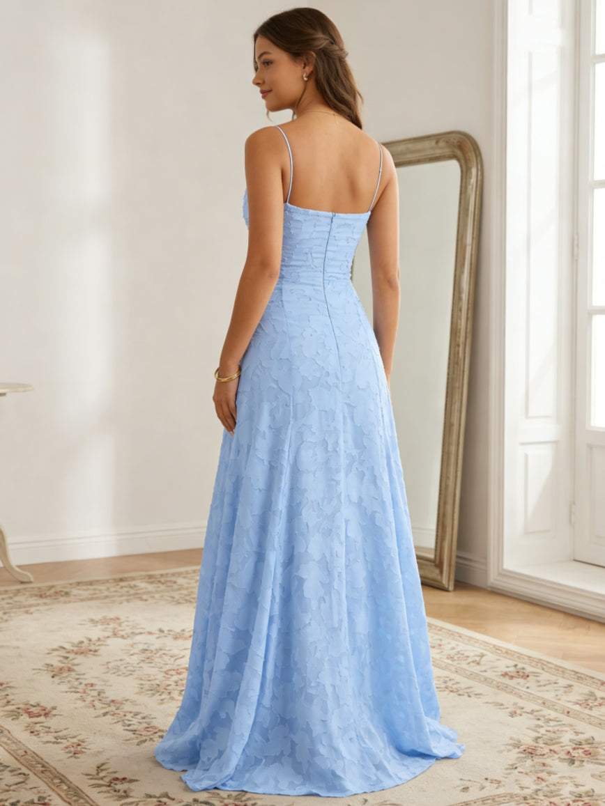 A-Line/Princess Spaghetti Straps Lace Floral Prom Dresses Floor-Length Sleeveless Formal Dresses