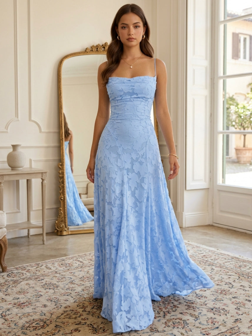 A-Line/Princess Spaghetti Straps Lace Floral Prom Dresses Floor-Length Sleeveless Formal Dresses