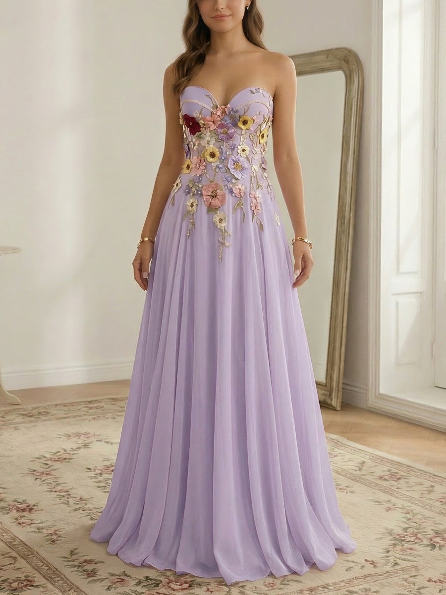 A-Line/Princess Strapless Chiffon Prom Dresses Lace Floral Floor-Length Sleeveless