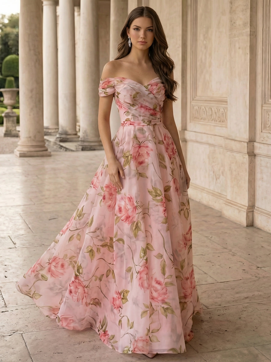 A-Line/Princess Off-the-Shoulder Prom Dresses Floral Chiffon Ruched Floor-Length Formal Dresses