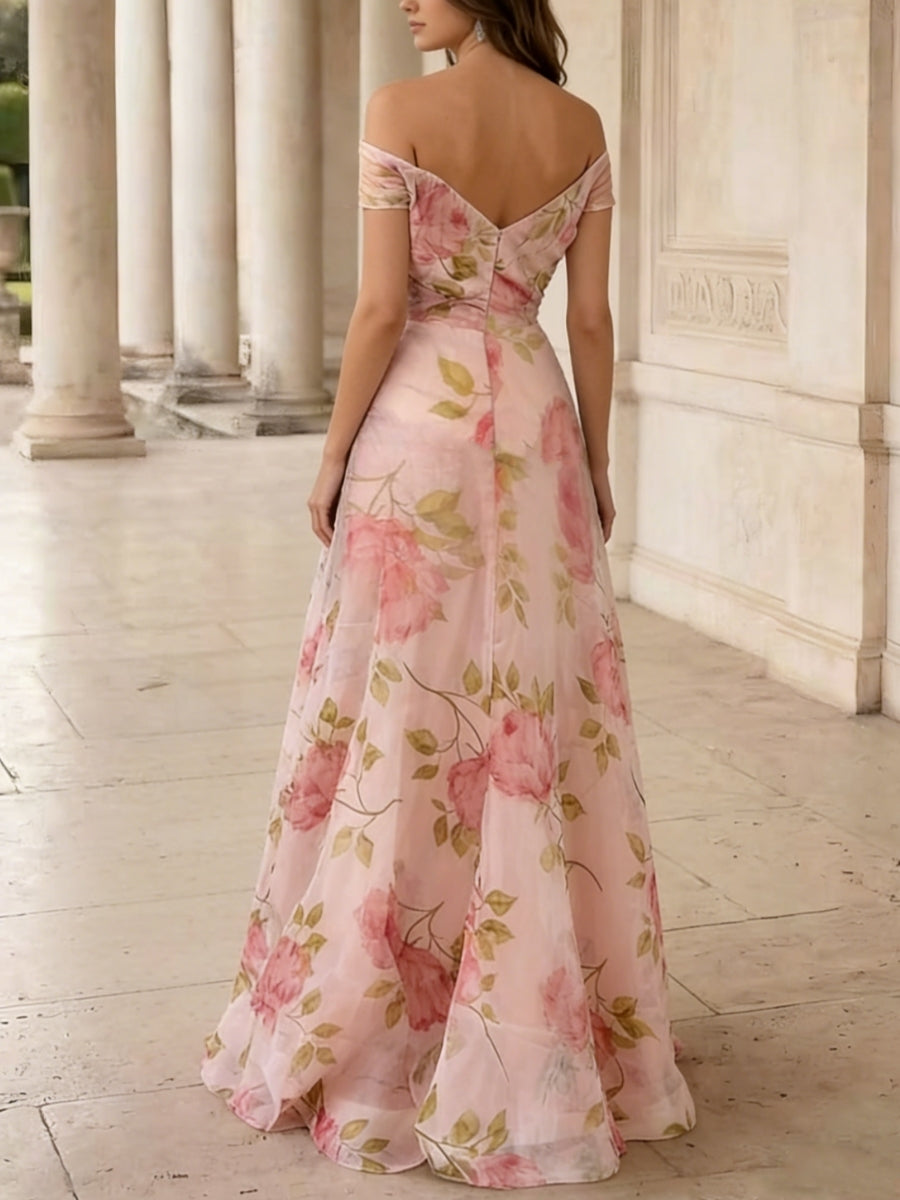 A-Line/Princess Off-the-Shoulder Prom Dresses Floral Chiffon Ruched Floor-Length Formal Dresses