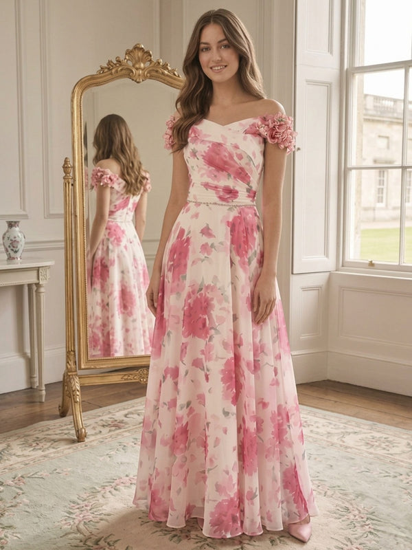A-Line/Princess Off-the-Shoulder Chiffon Prom Dresses Sleeveless Floral Floor-Length Formal Dresses
