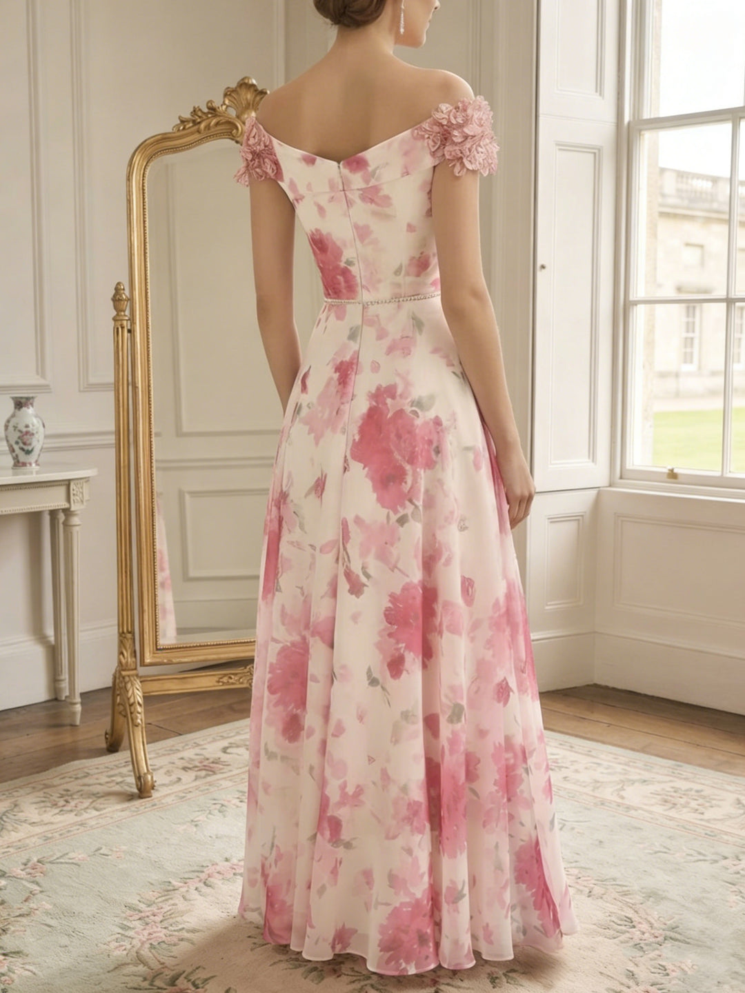 A-Line/Princess Off-the-Shoulder Chiffon Prom Dresses Sleeveless Floral Floor-Length Formal Dresses