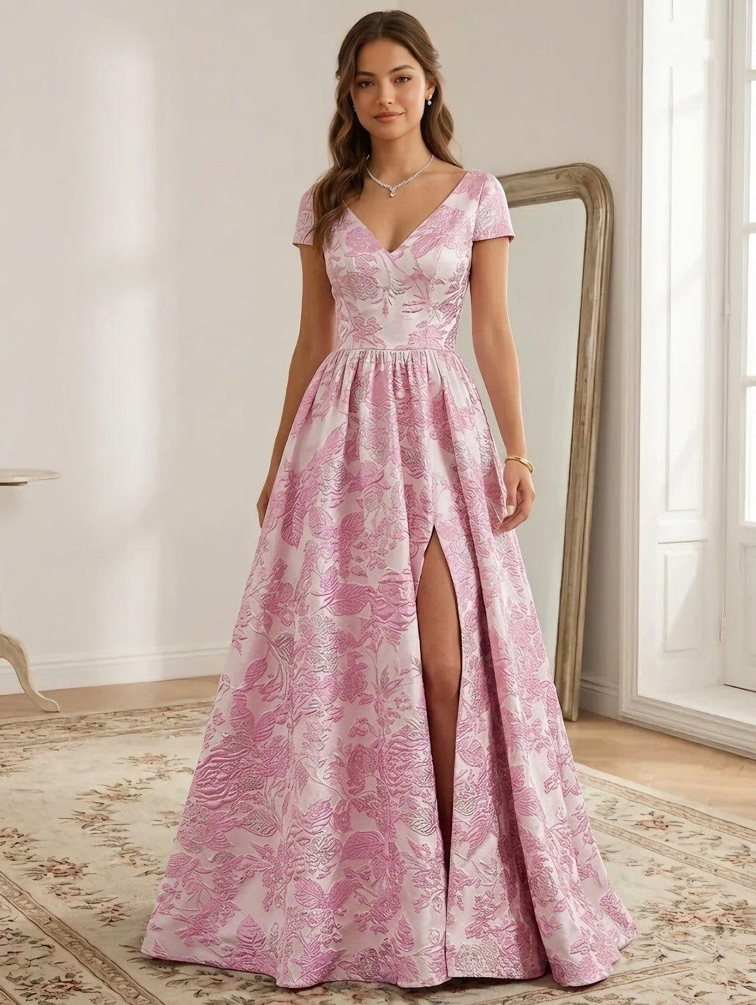 A-Line/Princess V-Neck Jacquard Prom Dresses with Split Side Floral Short Sleeves Floor-Length Formal Dresses