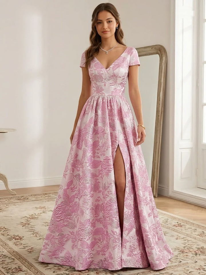 A-Line/Princess V-Neck Jacquard Prom Dresses with Split Side Floral Short Sleeves Floor-Length Formal Dresses