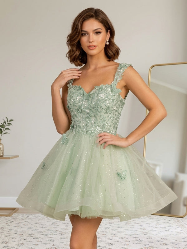 A-Line/Princess Sweetheart Tulle Homecoming Dresses with 3D Butterfly Short/Mini Sleeveless Sequins