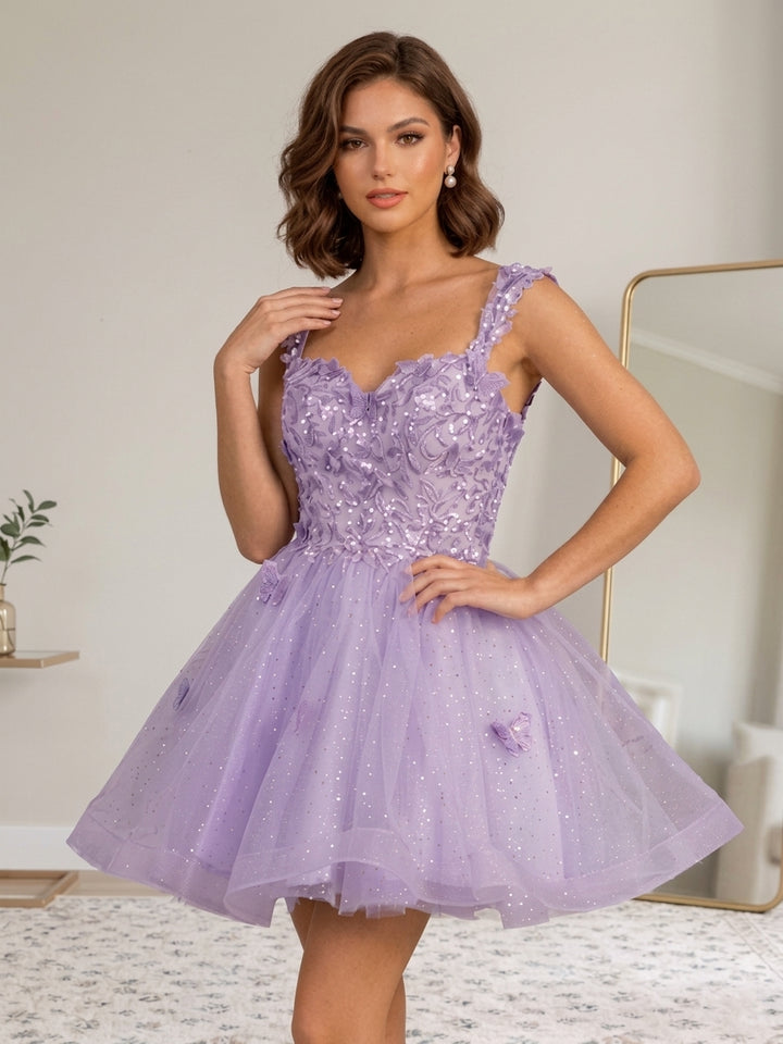 A-Line/Princess Sweetheart Tulle Homecoming Dresses with 3D Butterfly Short/Mini Sleeveless Sequins