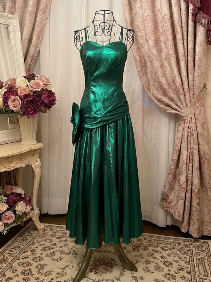 A-Line/Princess Spaghetti Straps Taffeta Prom Dresses Vintage 80s Iridescent Dress Bowknot Sleeveless Tea-Length