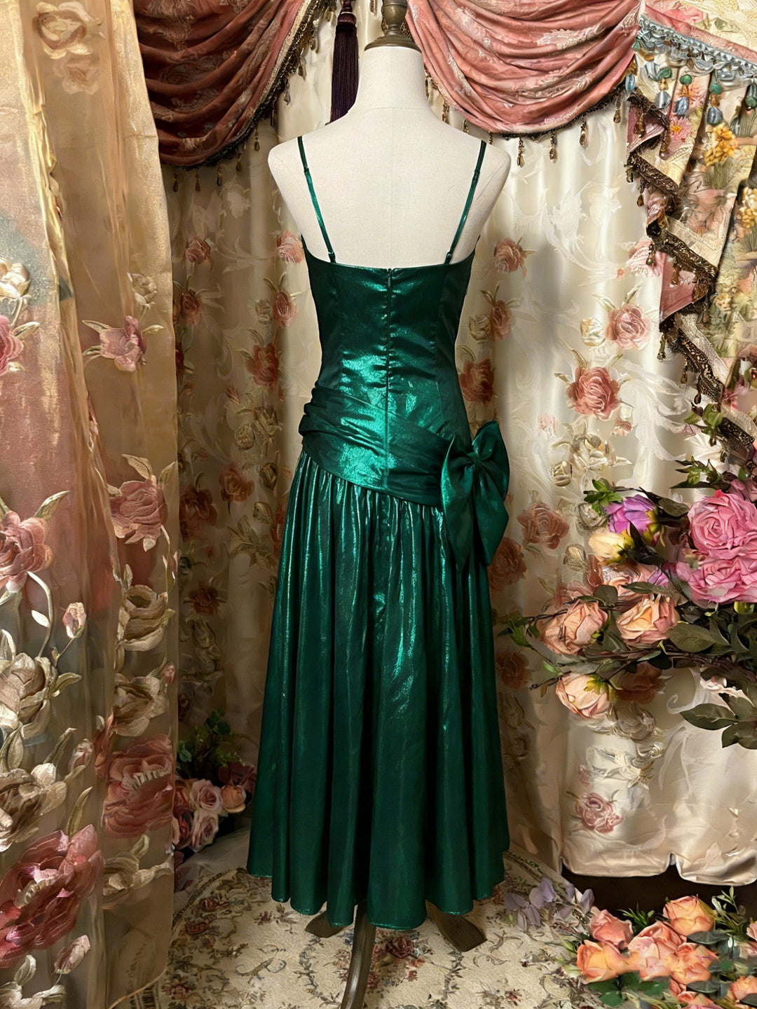 A-Line/Princess Spaghetti Straps Taffeta Prom Dresses Vintage 80s Iridescent Dress Bowknot Sleeveless Tea-Length