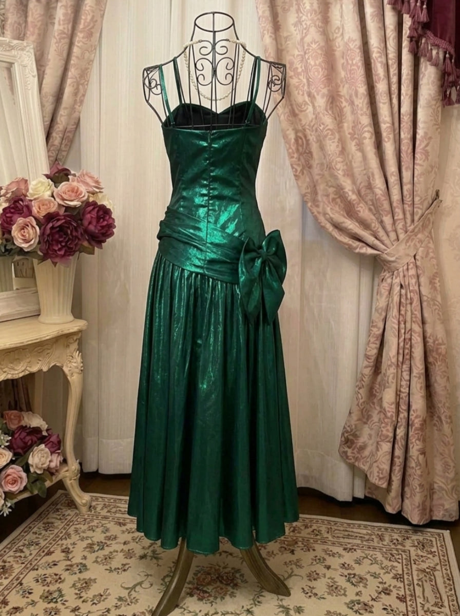 A-Line/Princess Spaghetti Straps Taffeta Prom Dresses Vintage 80s Iridescent Dress Bowknot Sleeveless Tea-Length