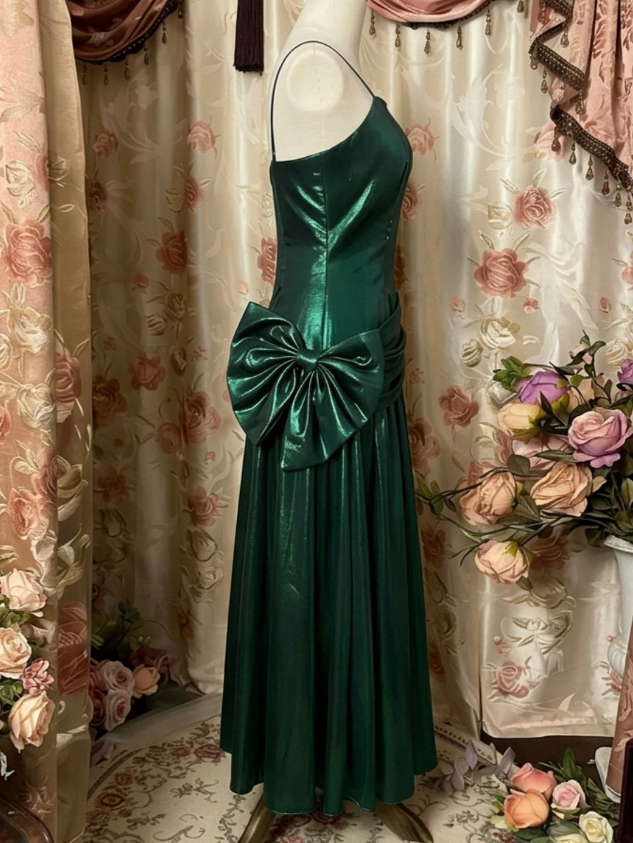 A-Line/Princess Spaghetti Straps Taffeta Prom Dresses Vintage 80s Iridescent Dress Bowknot Sleeveless Tea-Length