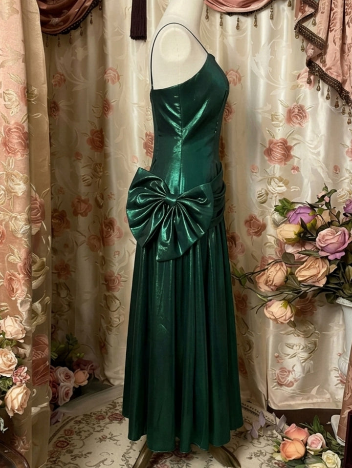 A-Line/Princess Spaghetti Straps Taffeta Prom Dresses Vintage 80s Iridescent Dress Bowknot Sleeveless Tea-Length