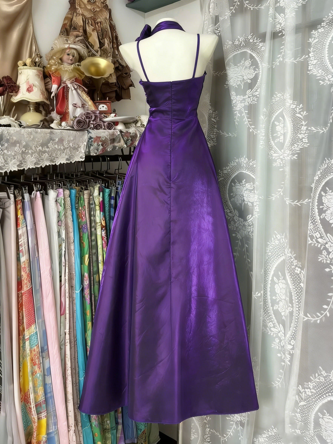 A-Line/Princess Spaghetti Straps Taffeta Prom Dresses with Split Side Vintage 80s Iridescent Dress with Scarf Sleeveless Ankle-Length