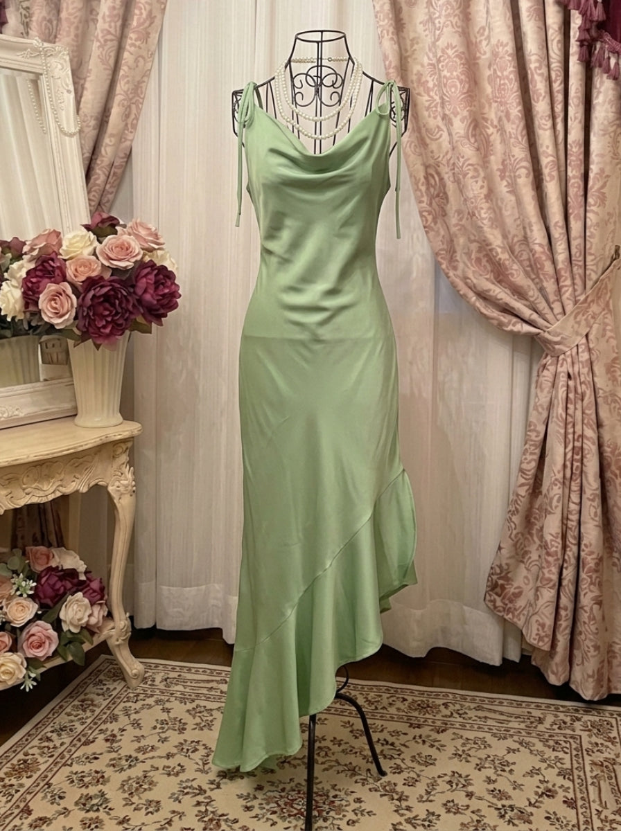 Sheath/Column Spaghetti Straps Taffeta Prom Dresses Vintage 80s Dress Sleeveless Ruffles Asymmetrical Tea-Length