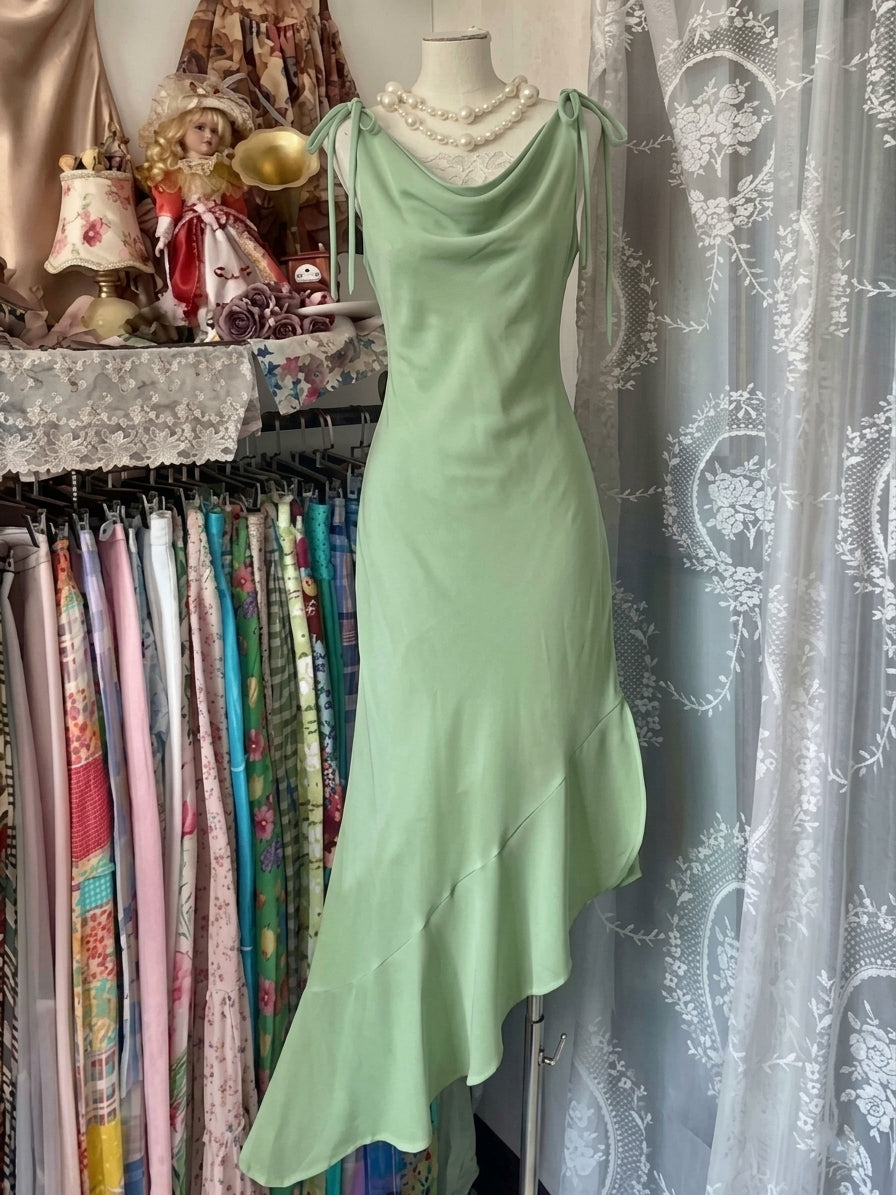 Sheath/Column Spaghetti Straps Taffeta Prom Dresses Vintage 80s Dress Sleeveless Ruffles Asymmetrical Tea-Length, Sage