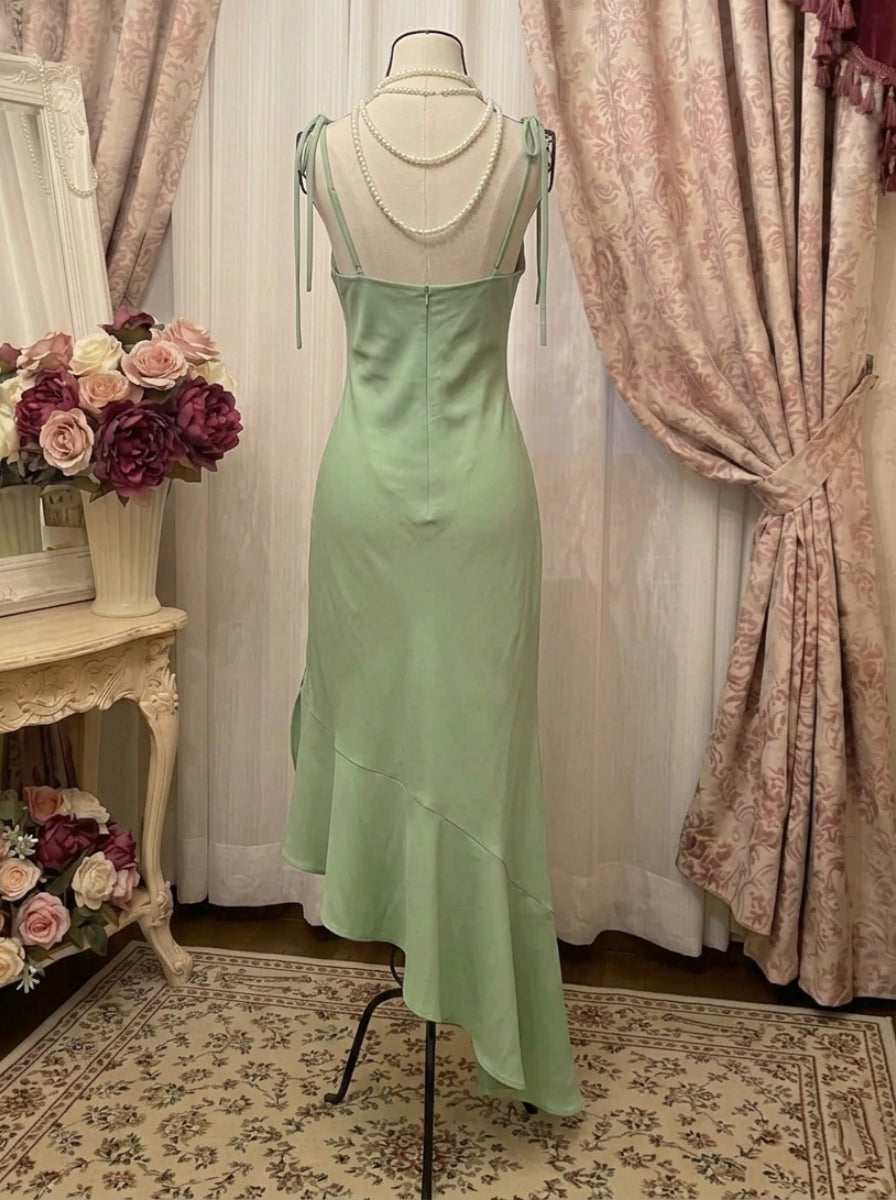 Sheath/Column Spaghetti Straps Taffeta Prom Dresses Vintage 80s Dress Sleeveless Ruffles Asymmetrical Tea-Length
