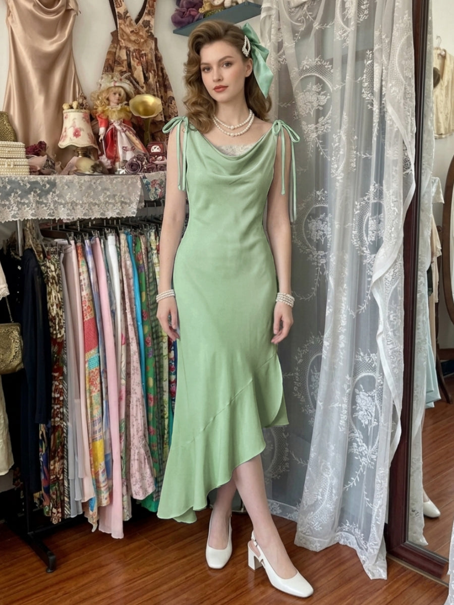 Sheath/Column Spaghetti Straps Taffeta Prom Dresses Vintage 80s Dress Sleeveless Ruffles Asymmetrical Tea-Length