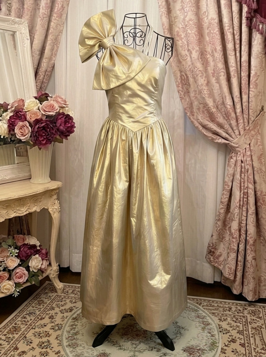 A-Line/Princess Strapless Taffeta Prom Dresses Vintage 80s Iridescent Dress Bowknot Sleeveless Ankle-Length