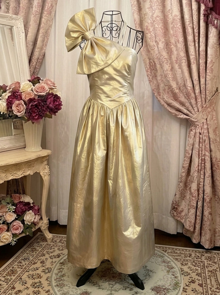 A-Line/Princess Strapless Taffeta Prom Dresses Vintage 80s Iridescent Dress Bowknot Sleeveless Ankle-Length